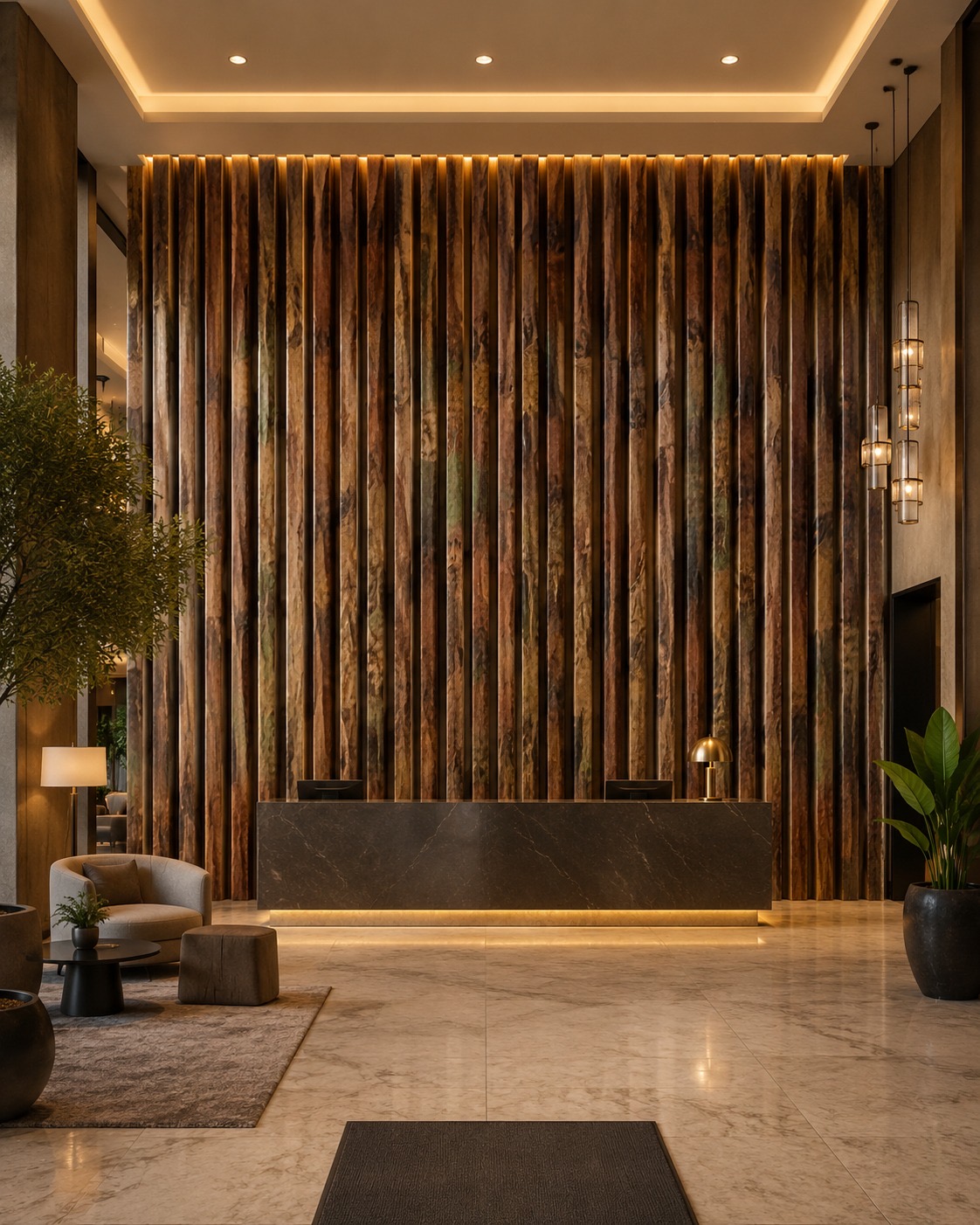 Reception wall clad in warm coEco coconut fibre panels